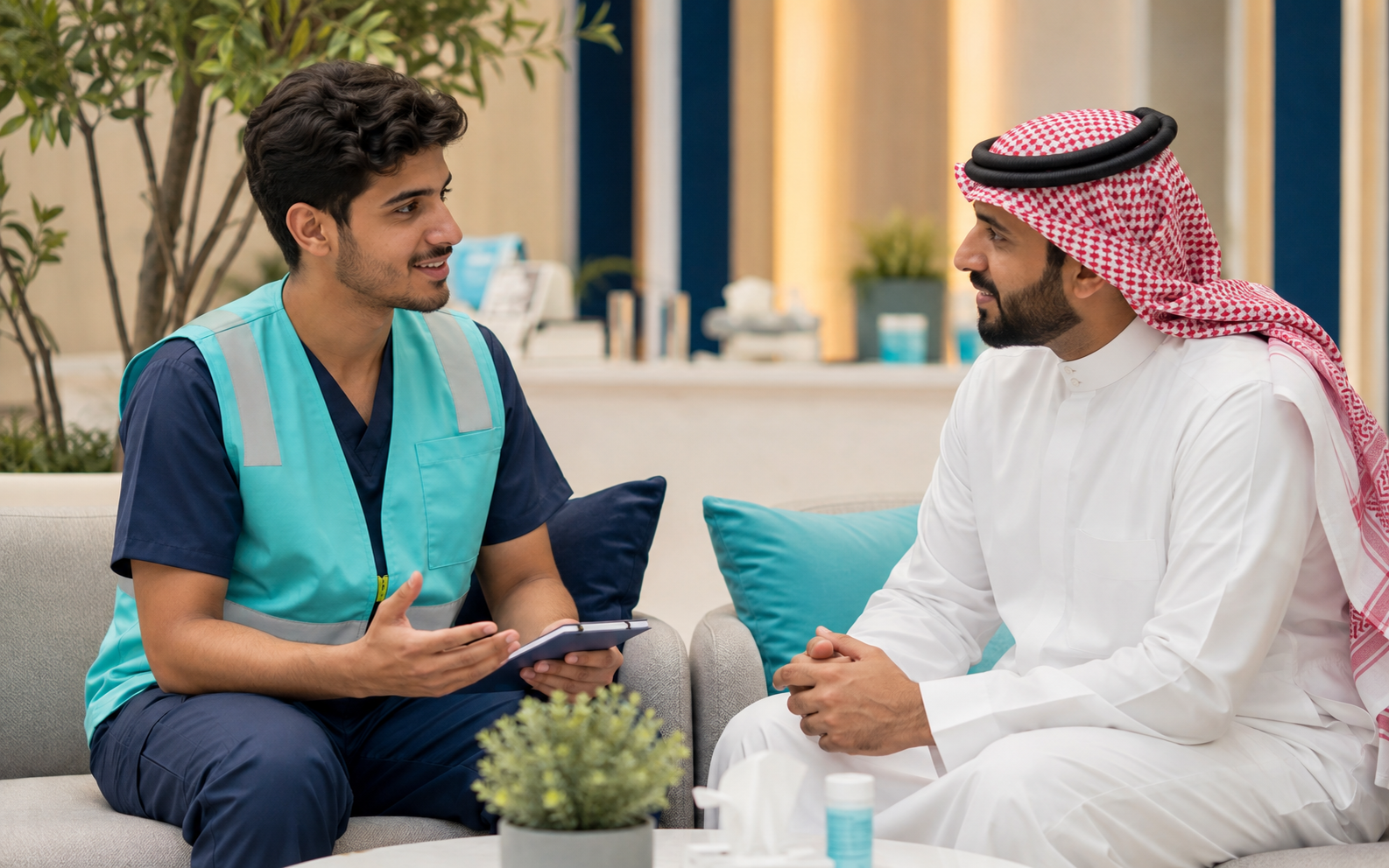 طالب صحي سعودي يتواصل مع أحد أفراد المجتمع باحترام