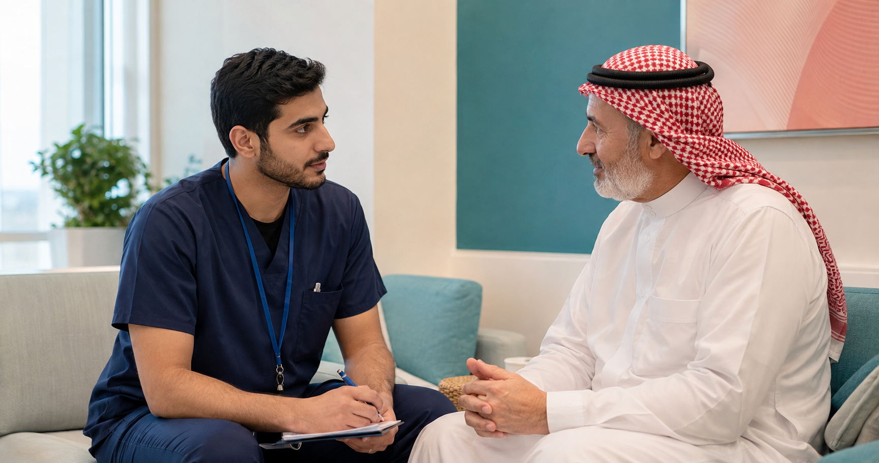 طالب صحي سعودي يصغي باهتمام إلى أحد المستفيدين